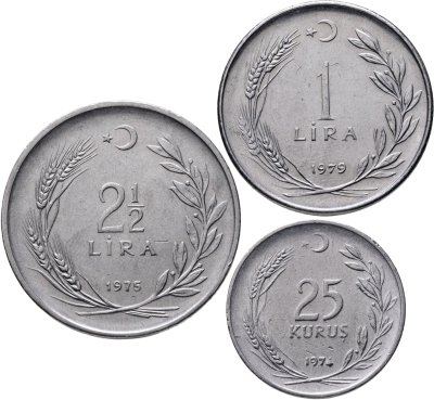 купить Турция набор из 3 монет 25 курушей, 1, 2 1\2 (2,5) 1960-1980, случайный год