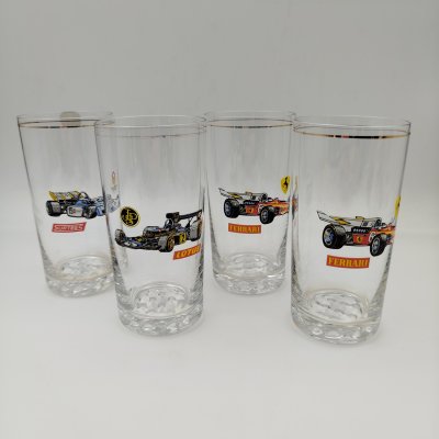 купить Набор из 4-х стаканов, украшенных изображением болидов Формулы-1, стекло, деколь, золочение, Bohemia Crystal (Bohemia Glass), Чехословакия, 1980-1993 гг.