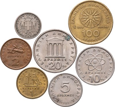 купить Греция набор из 7 монет 50 лепт, 1, 2 , 5, 10, 20, 100 драхм 1959 - 1990