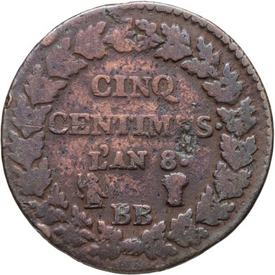 купить Франция 5 сантимов 1799-1800, 8 год республиканского календаря, знак монетного двора "BB" - Страсбург