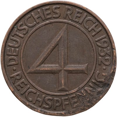 купить Германия 4 рейхспфеннига (reichspfennig) 1932, знак монетного двора "A" — Берлин