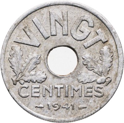купить Франция 20 сантимов (centimes) 1941 Номинал - "VINGT"