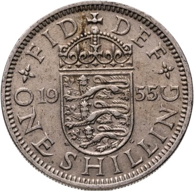 купить Великобритания 1 шиллинг (shilling) 1955, Английский герб - 3 льва внутри коронованного щита