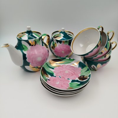 купить Сервиз чайный на 4 персоны "Астра" (10 предметов), фарфор, деколь, золочение, Дулевский фарфоровый завод (Дулёво), СССР, 1968-1991 гг.