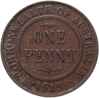 купить Австралия 1 пенни (penny) 1919 Точка под нижним свитком на реверсе