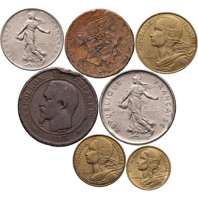 купить Франция набор из 7 монет 5, 10, 20 сантимов, 1, 5, 10 франков 1855-1993