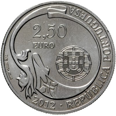 Купить Португалия 2,5 евро (euro) 2012 "75 лет учебному кораблю «Сагреш»"