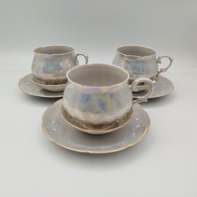 купить Набор для подачи чая на 3 персоны перламутрового оттенка (9 предметов), фарфор, люстр, Октябрьский фарфорово-фаянсовый завод, СССР, 1964-1991 гг.