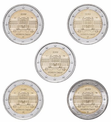 купить Германия набор 2 евро 2019 "Бундесрат" монетный двор - A, D, F, G, J (5 монет)