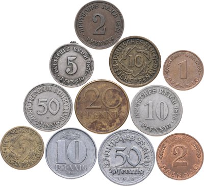 купить Германия набор из 11 монет 1, 2, 5, 10, 20, 50 пфеннигов (pfennig) 1873-1978