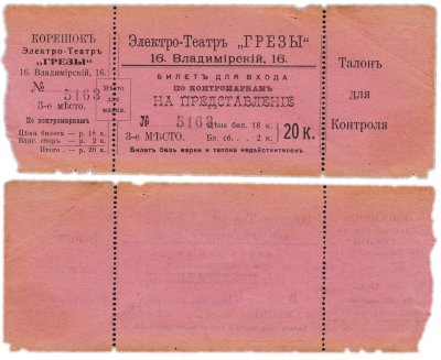 Купить Электро-Театр "Грезы" Билет для входа в кинотеатр 20 копеек  (Синематограф), бумага, Российская империя, 1914 г.