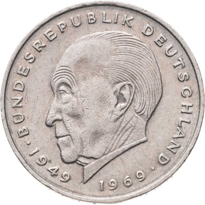 купить Германия 2 марки 1976 F Конрад Аденауэр, 20 лет Федеративной Республике (1949-1969)