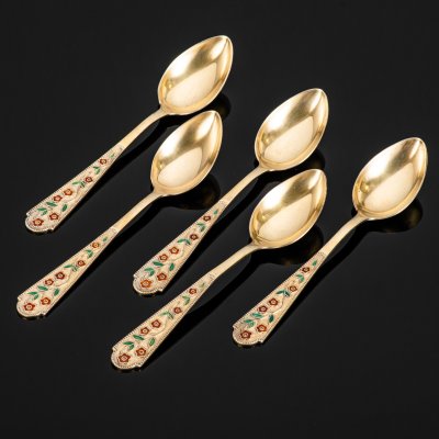 купить Ложки чайные (5 шт.), металл, полихромная эмаль по скани, Ленинградская ювелирная фабрика, СССР, 1969 г.