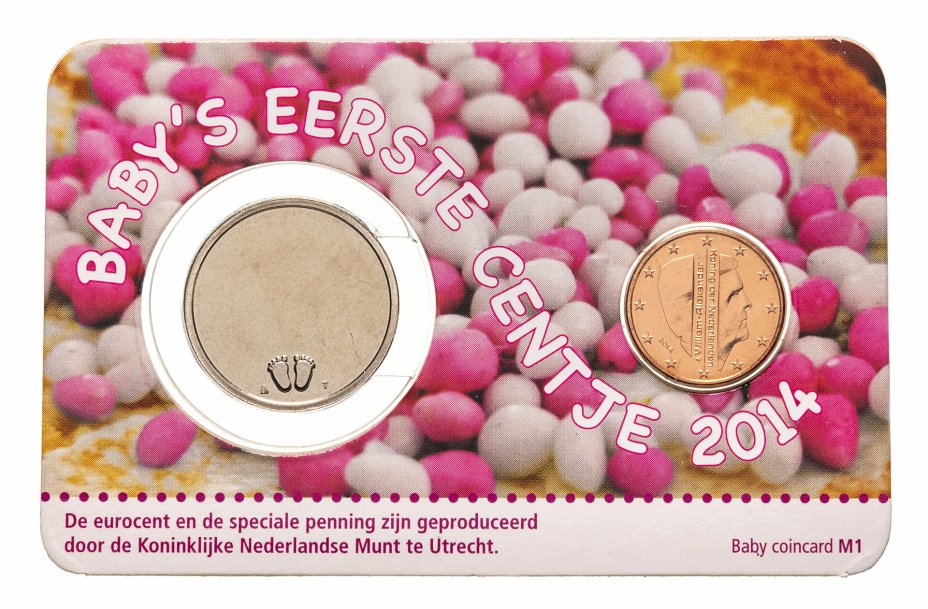 купить Нидерланды 1 евро цент и жетон 2014  "Первый цент ребенка - Девочка" BU официальный блистер