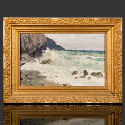 купить Картина "Прибрежные скалы" (название условное), оформленная в раму, неизвестный художник, оргалит, масло, СССР, 1950-1980 гг.