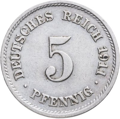купить Германия 5 пфеннигов (pfennig) 1911 F знак монетного двора: "F" - Штутгарт