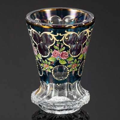 купить Ваза с декором в виде линз и цветочных гирлянд, хрусталь, нацвет, роспись, золочение, Чехословакия, 1940-1970 гг.