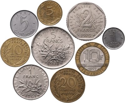 купить Франция набор из 9 монет 1, 5, 10, 20 сантимов, 1, 2, 5, 10 франков 1961-1993