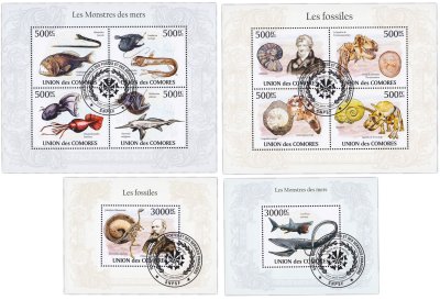 купить Коморы набор из 3 квартблоков "Флора и Фауна. Рыбы. Морские жители"