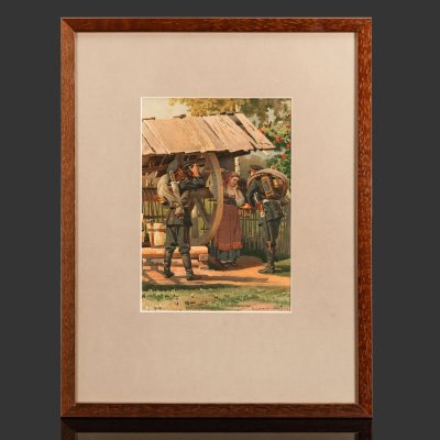купить Хромолитография по картине "У колодца" в раме, автор картины Н.Д. Дмитриев-Оренбургский, Артистическое заведение А.Ф. Маркса, бумага, печать, картон, стекло, Российская империя, 1892 г.