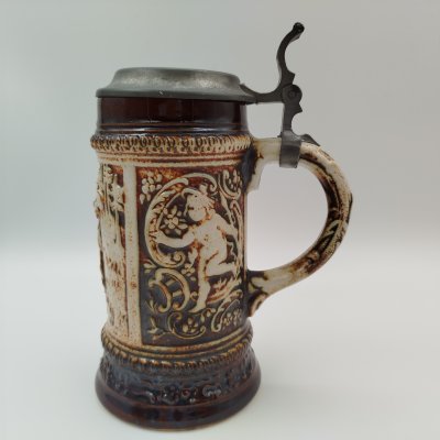 купить Кружка пивная с изображением охотничьей сцены, керамика, крытье, крышка- сплав металлов, Gerzit Gerz, ФРГ, 1949-1990 гг.