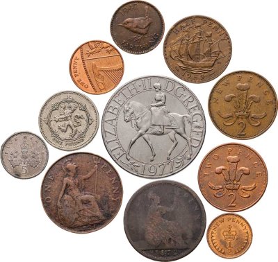 купить Великобритания набор 10 монет 1 фартинг (farthing), 1/2, 1 пенни (penny), 2, 5, 25 пенсов (pence), 1 фунт (pound) 1872-2010