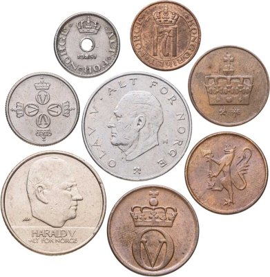 купить Норвегия набор из 8 монет 1, 2, 5, 10, 25, 50 эре, 1, 10 кроны 1935-2000