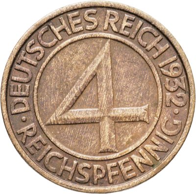 купить Германия 4 рейхспфеннига (reichspfennig) 1932, знак монетного двора "F" — Штутгарт