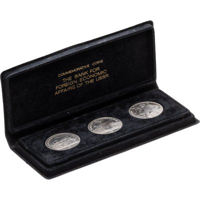 купить Набор из трех монет 1 рубль 1987 Proof (стародел) Бородинское сражение - панорама и обелиск, Циолковский в футляре