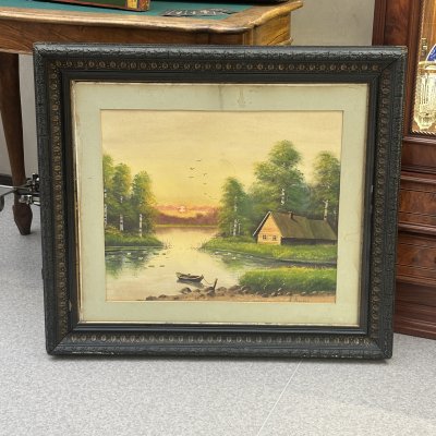 купить Картина в застеклённой раме "Сельский пейзаж с домиком на берегу водоёма" (название условное), художник А. Фёдоров (?), бумага, гуашь, СССР, 1920-1950 гг.
