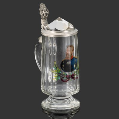 купить Кружка пивная с портретом Альфонса Франке (Alfons Franke), стекло, роспись, гранение, резьба, олово, Германия, 1890-1930 гг.