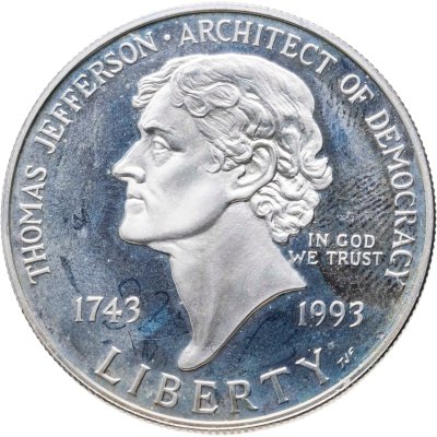 купить США 1 доллар (dollar) 1993 S "250 лет со дня рождения Томаса Джефферсона"