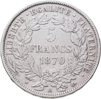 купить Франция 5 франков (francs) 1870 A Лицо влево, без 'LIBERTE·EGALITE·FRATERNITE' знак монетного двора: "A" - Париж