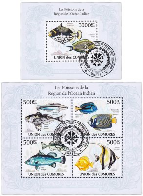 купить Коморские острова набор марок из 2 квартблоков "Флора и фауна. Рыбы"