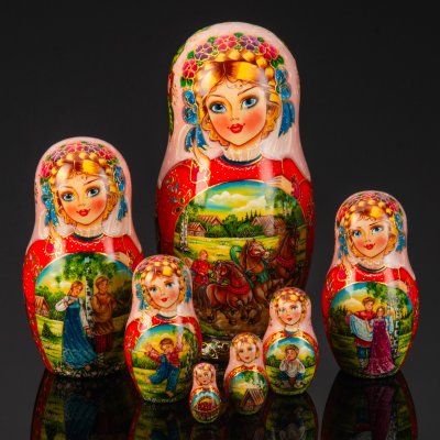 купить Матрешка "Летняя тройка" (7 мест), автор росписи С.А. Лонченкова, дерево, лак, роспись, золочение, Российская Федерация, 2025 г.