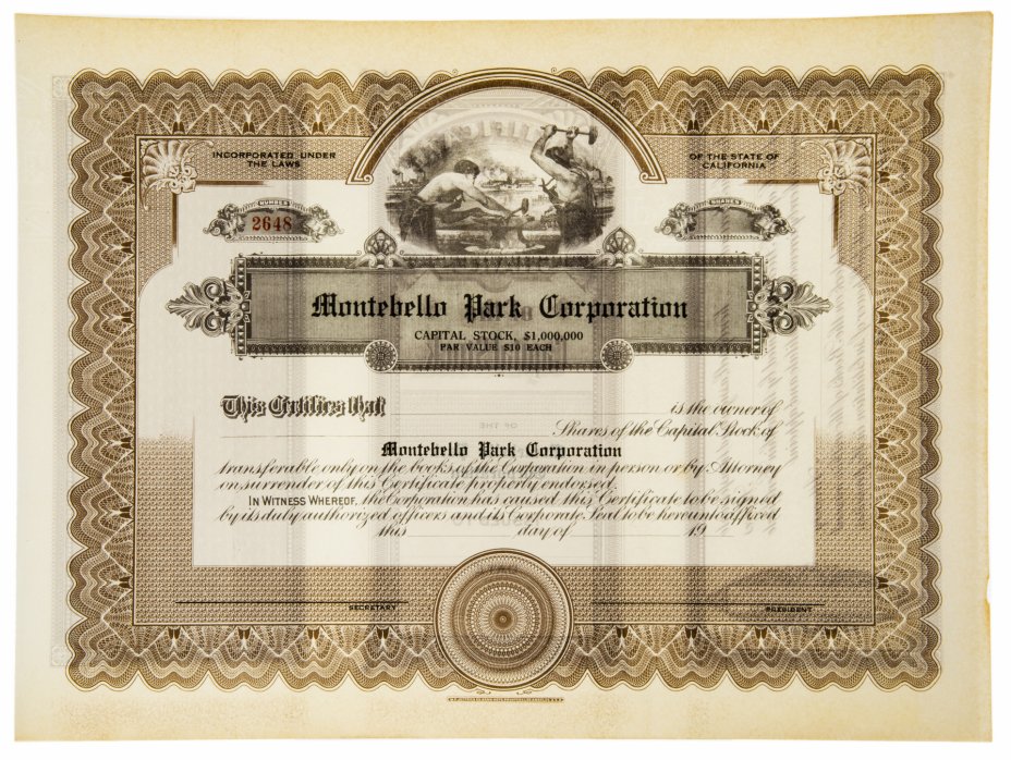 купить Акция США Montebello Park Corporation Stock Certificate (California), 1917-1930 гг. ( Чистый бланк)