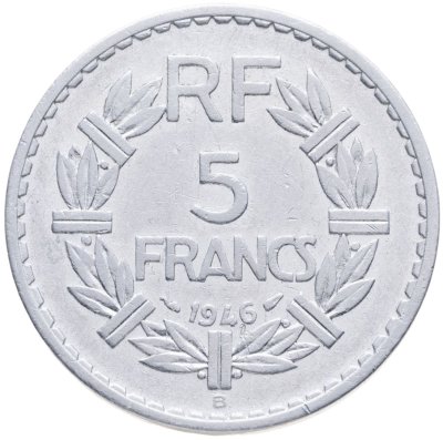 купить Франция 5 франков (francs) 1946 B Алюминий /серый цвет/ знак монетного двора: "B" - Бомон-ле-Роже