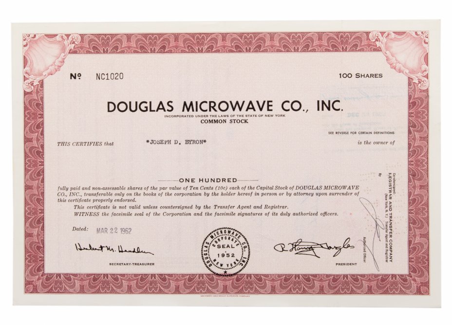 купить Акция США DOUGLAS MICROWAVE CO. INC.,  1962 г.
