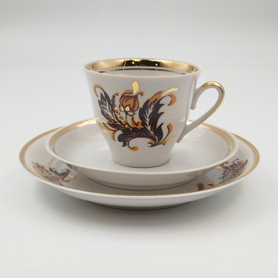 купить Трио кофейное с растительным декором, фарфор, деколь, золочение, Рижский фарфорово-фаянсовый завод, СССР, 1970-1980 гг.