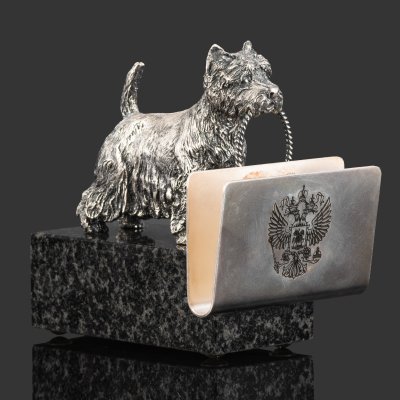 купить Визитница для руководителя в виде скульптурной композиции терьера с изображением государственной символики в подарочном кофре, металл, мрамор, Российская Федерация, 2010-2015 гг.