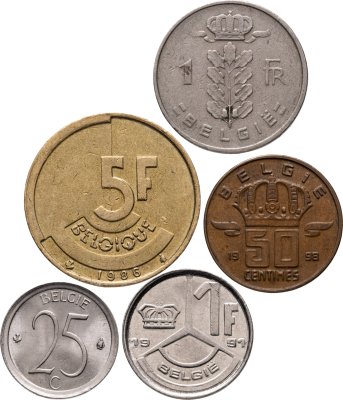 купить Бельгия набор из 5 монет 25, 50 сантимов и 1, 5 франков 1959-1998