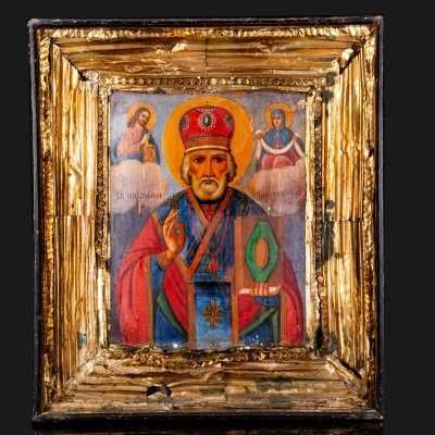 купить Икона в киоте "Святой Николай Чудотворец" (Никола Зимний), дерево, темпера, фольга, дерево, темпера, фольга, Российская империя, 1890-1915 гг.