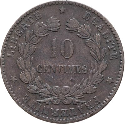 купить Франция 10 сантимов (centimes) 1872, знак монетного двора: "A" - Париж