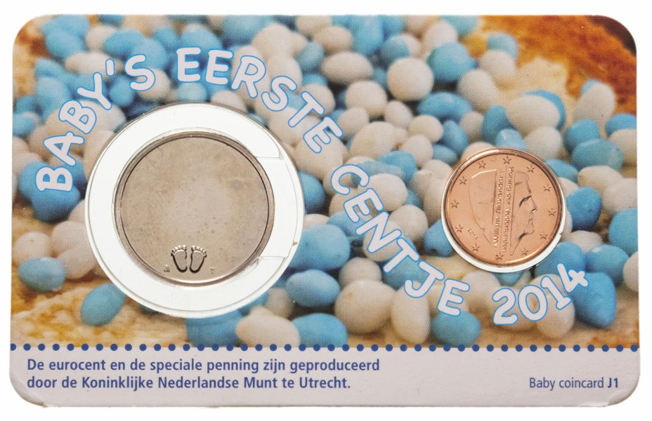 купить Нидерланды 1 евро цент и жетон 2014 "Первый цент ребенка - мальчик" BU официальный блистер