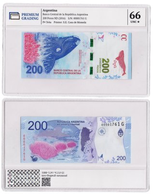 купить Аргентина 200 Песо 2016 в слабе PG UNC66