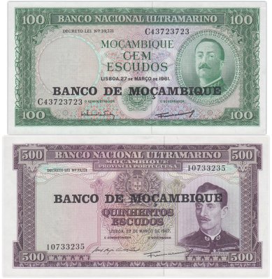купить Мозамбик набор из 2 банкнот 100 и 500 эскудо 1961-1967