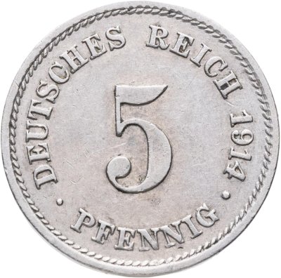 купить Германия 5 пфеннигов (pfennig) 1914 G знак монетного двора: "G" - Карлсруэ