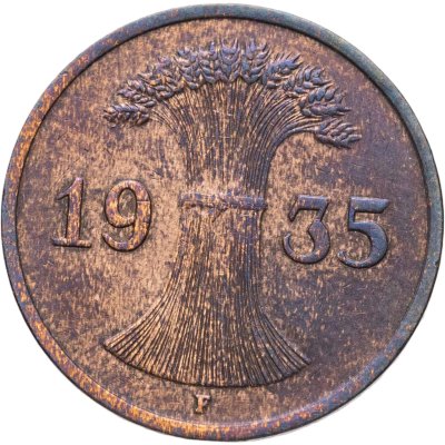 купить Германия 1 рейхспфенниг (reichspfennig) 1935 F знак монетного двора "F" — Штутгарт