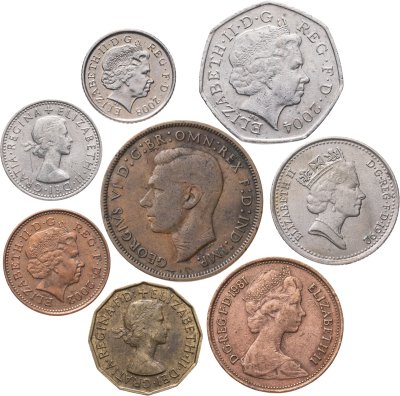 купить Великобритания набор из 8 монет 2, 3, 5, 6, 10, 50 пенсов (pence) и 1 пенни (penny) 1940-2008