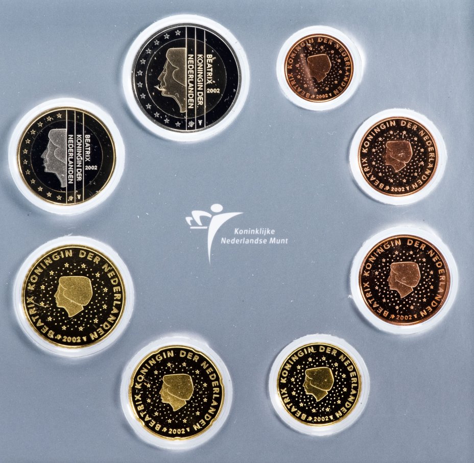 купить Нидерланды набор из 8-ми монет пруфлайк 2002 в официальной упаковке с сертификатом